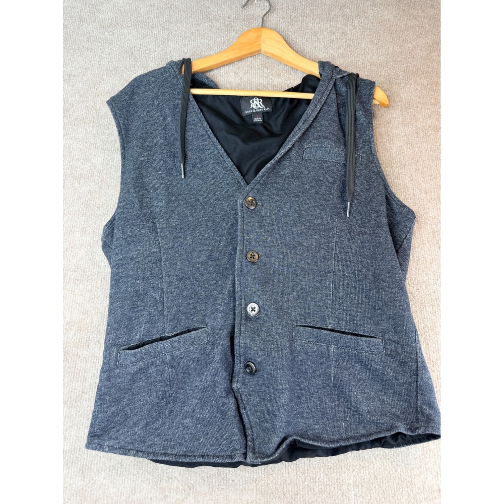 Rock & Republic Mens Blue Heathered Hooded Button Front Vest Large L